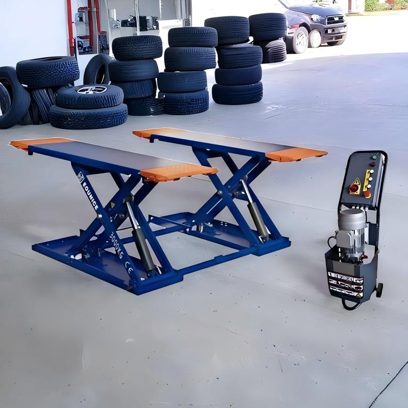 Durable Eounice 3-ton low profile portable scissor lift designed specifically for safely raising customized and lowered modified vehicles.