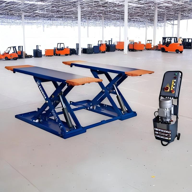 The Eounice 3-ton freestanding portable scissor lift showing its bolt-free design, allowing flexible repositioning for auto repair tasks.