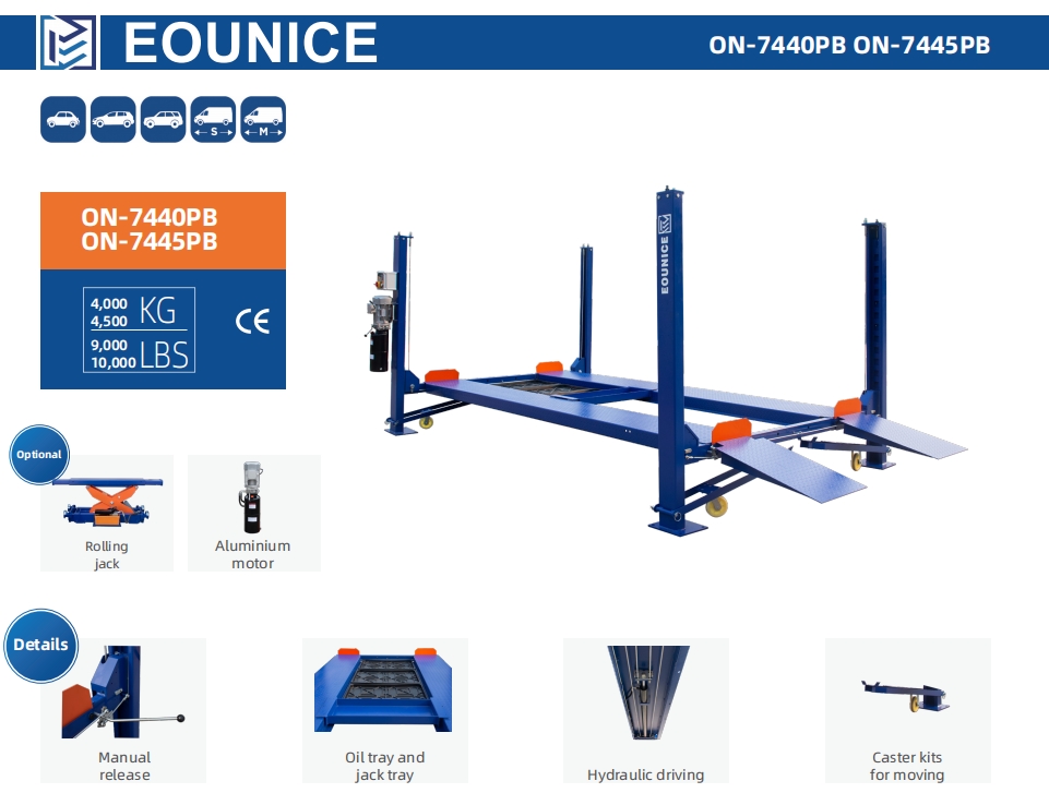Eounice ON-7440PB:Commercial Four Post Parking Lift with Internal Lock
