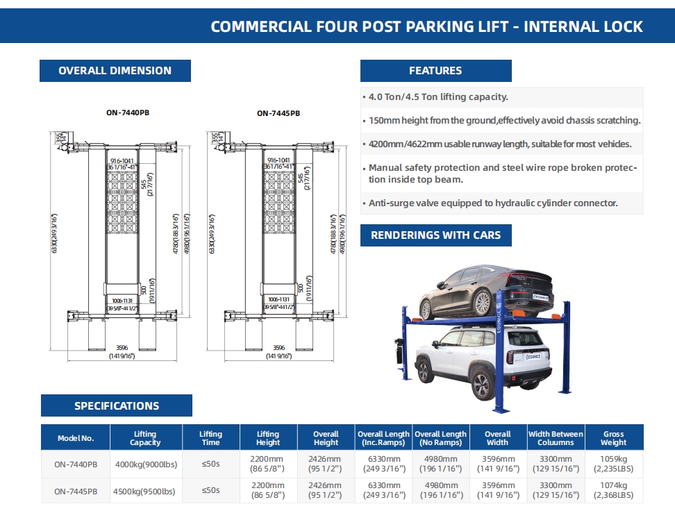 Eounice ON-7440PB:Commercial Four Post Parking Lift with Internal Lock