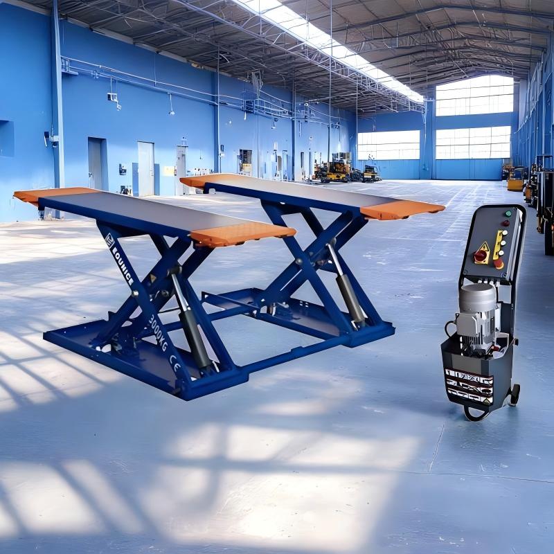 The Eounice portable mid-rise scissor lift system elevated to its full 39-inch maximum height, offering excellent underbody access for mechanics.