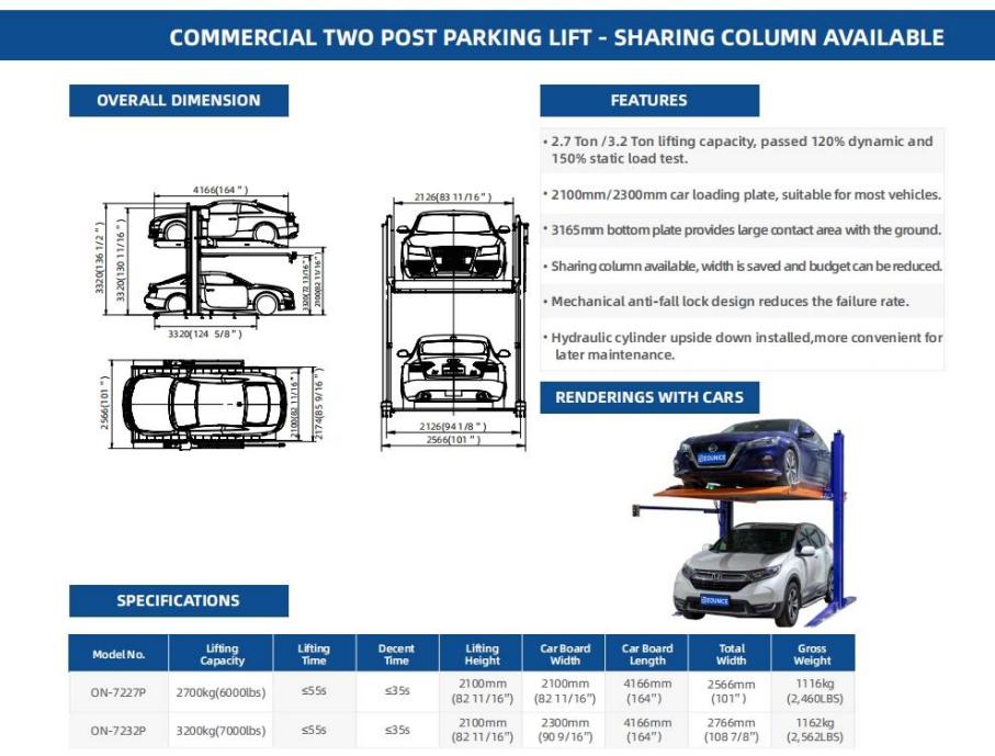 ON 7227P Commercial two post parking lift sharing column available 2700kg