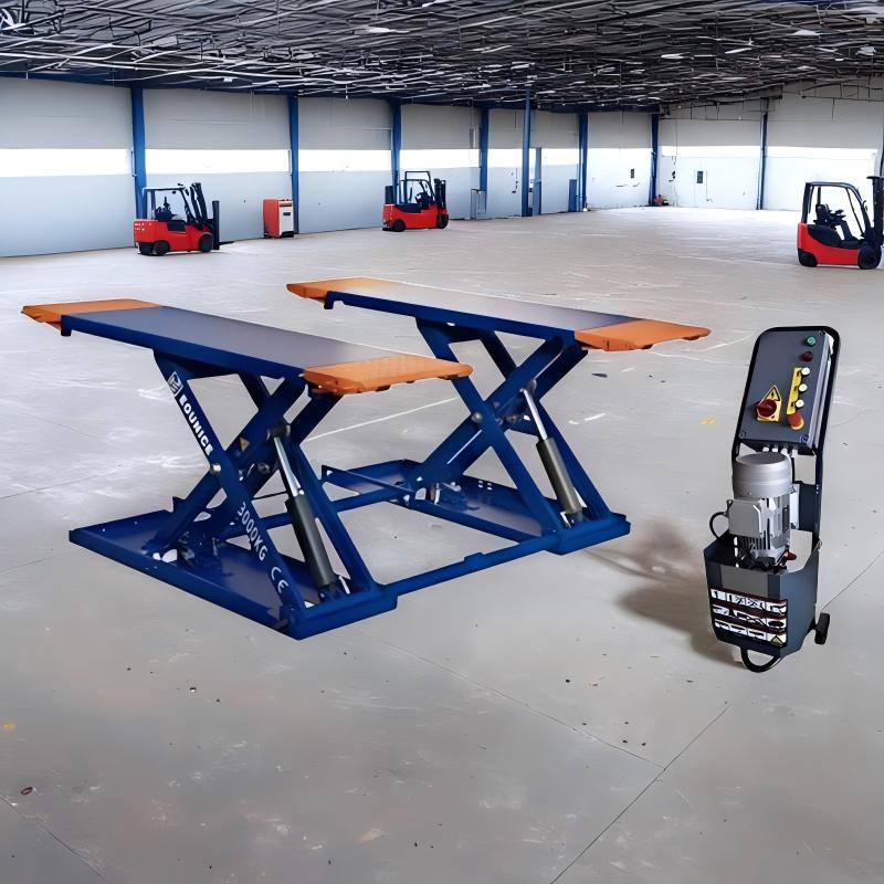 Versatile Eounice 3-ton portable mid-rise scissor lift shown safely supporting a light truck for tire rotation and undercarriage service.