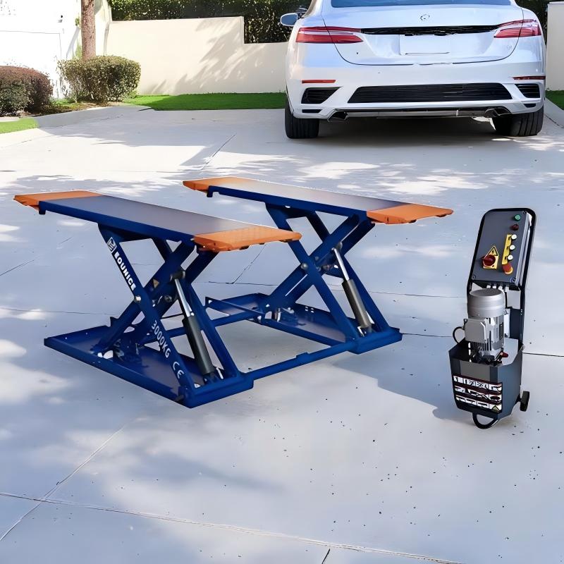 Close up on the mechanical safety locks and powerful 2.2kw motor of the Eounice portable mid-rise scissor auto lift system.